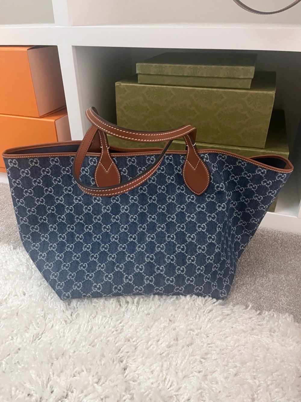 Gucci Blue Denim GG Supreme Tote with Brown Leather Handles